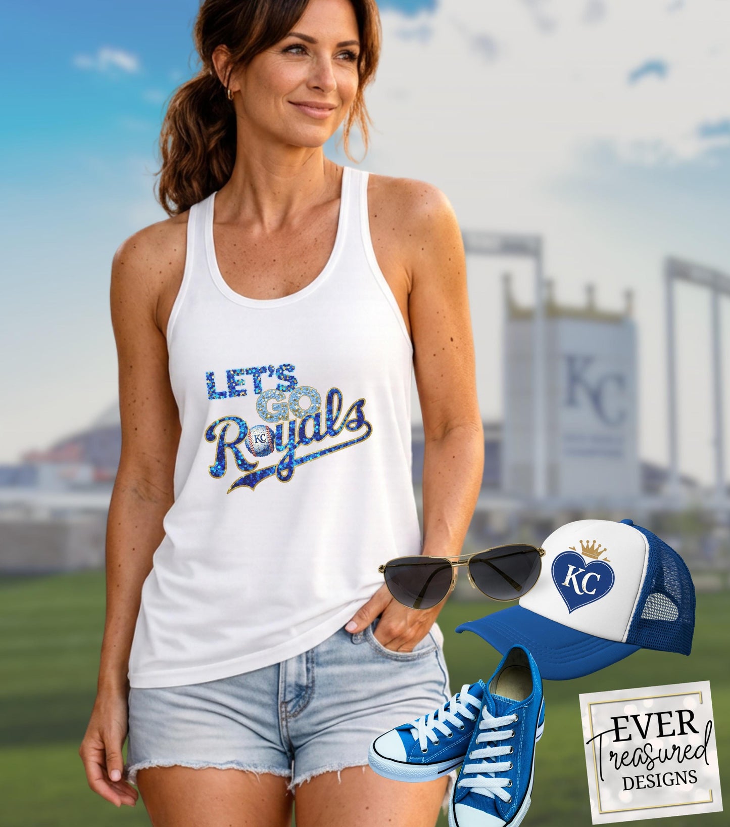 Woman wearing "Let's Go Royals" tank top with Kansas City Royals baseball accessories.