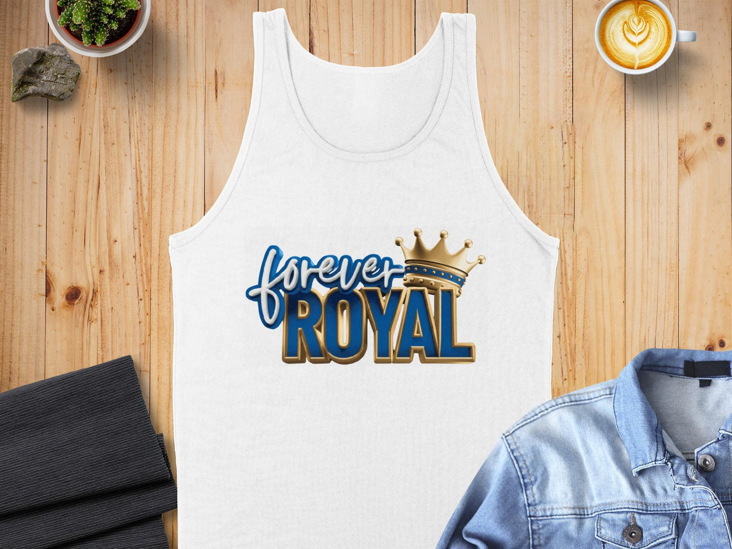 White tank top with "Forever ROYAL" text and a crown graphic.