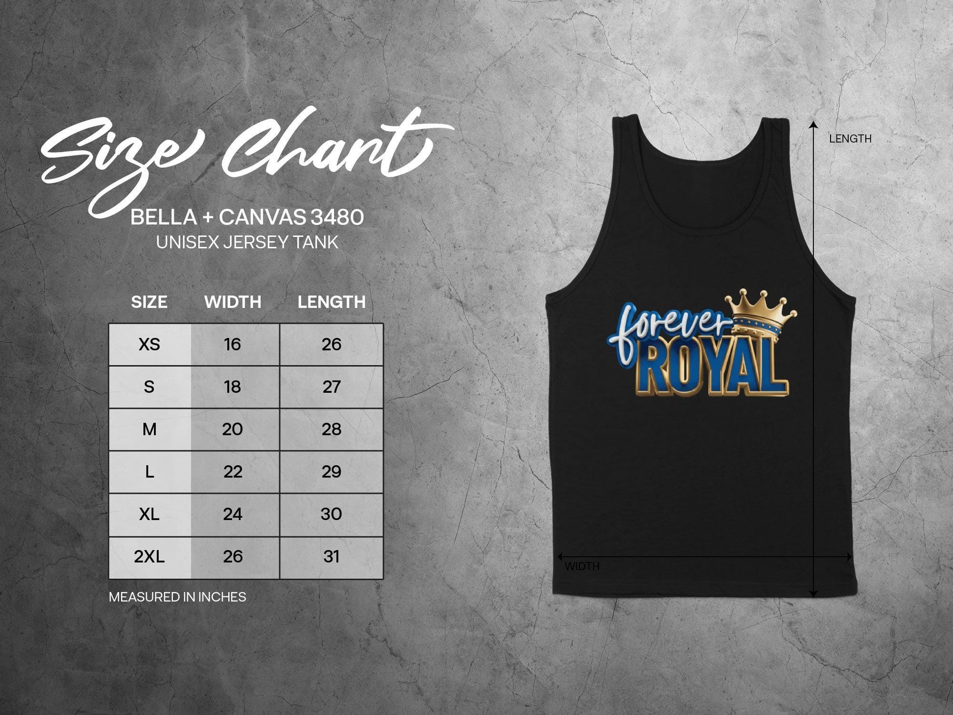 Bella + Canvas 3480 Unisex Jersey Tank size chart with measurements in inches.