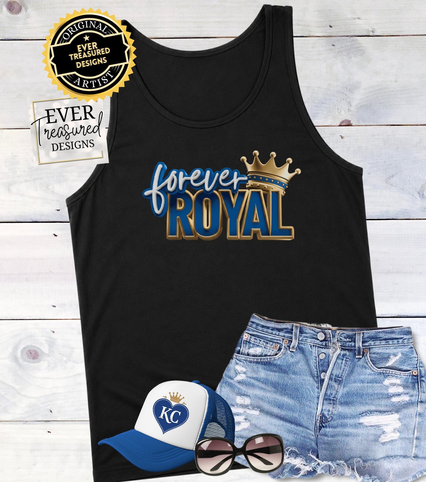 Black tank top with "forever ROYAL" text and crown graphic, denim shorts, trucker hat, and sunglasses.