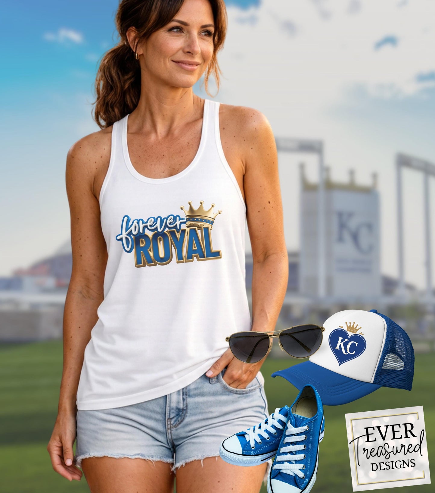 Woman wearing white tank top with "Forever Royal" and crown graphic, with baseball cap and sneakers.