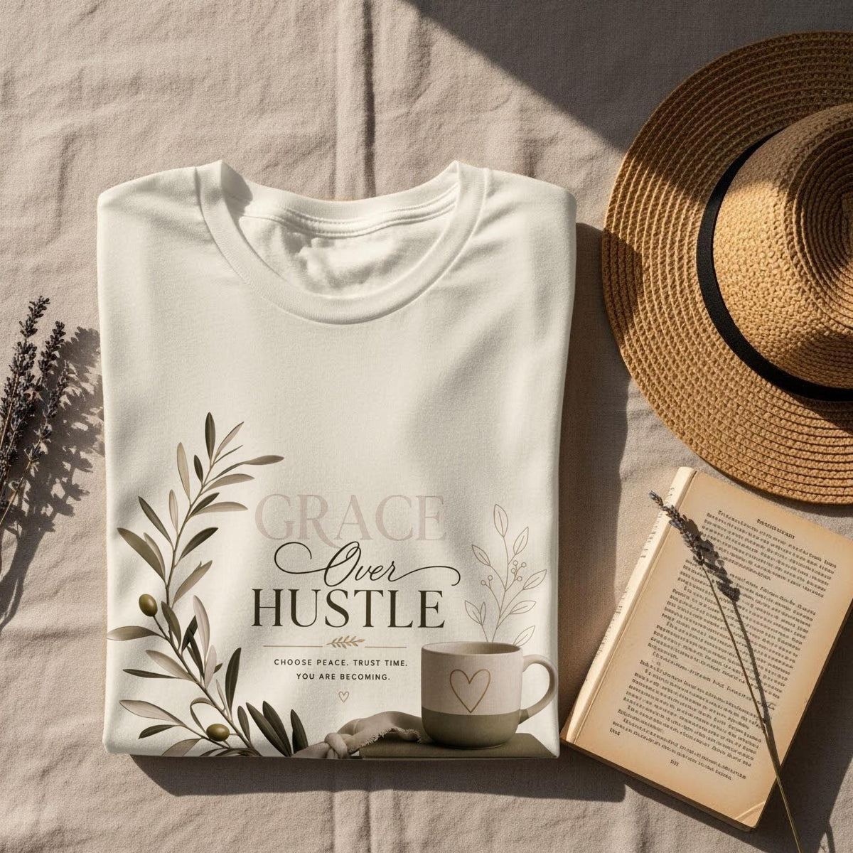 White t-shirt with "GRACE Over HUSTLE" text and olive branches.