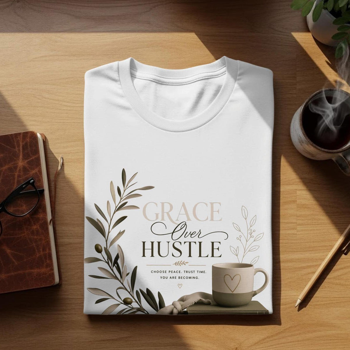 White t-shirt with "Grace Over Hustle" text and botanical design.
