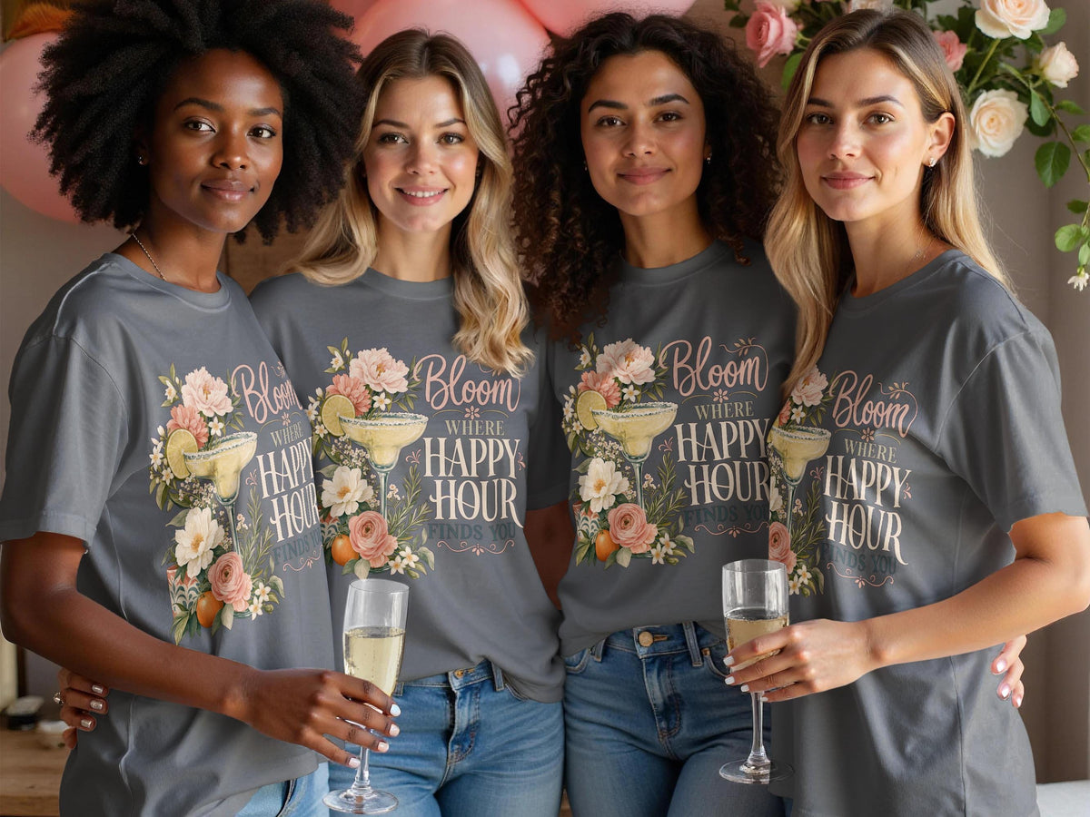 Four women wear grey t-shirts with floral margarita graphic and text.