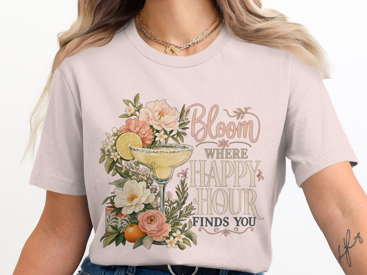 Margarita with flowers and text: Bloom where happy hour finds you.