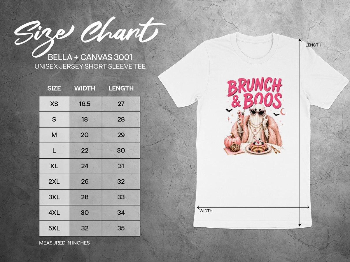 BELLA + CANVAS 3001 unisex tee size chart with "Brunch & Boos" graphic.