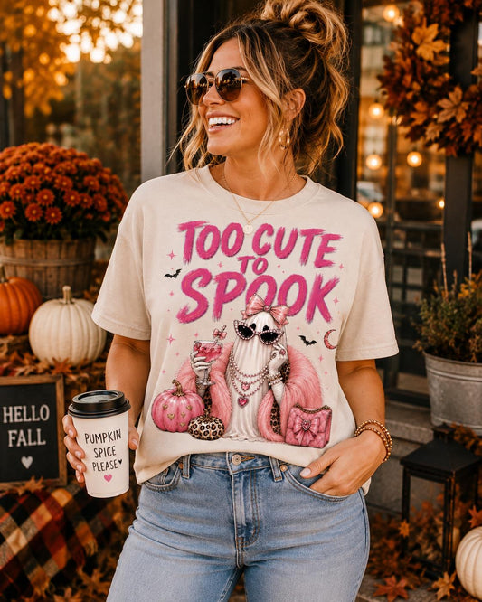 Too Cute To Spook T-Shirt, Girly Ghost Halloween Shirt, Spooky Season Tee, Pink Leopard Print Fall Fashion Top for Her, Cute Costume Party