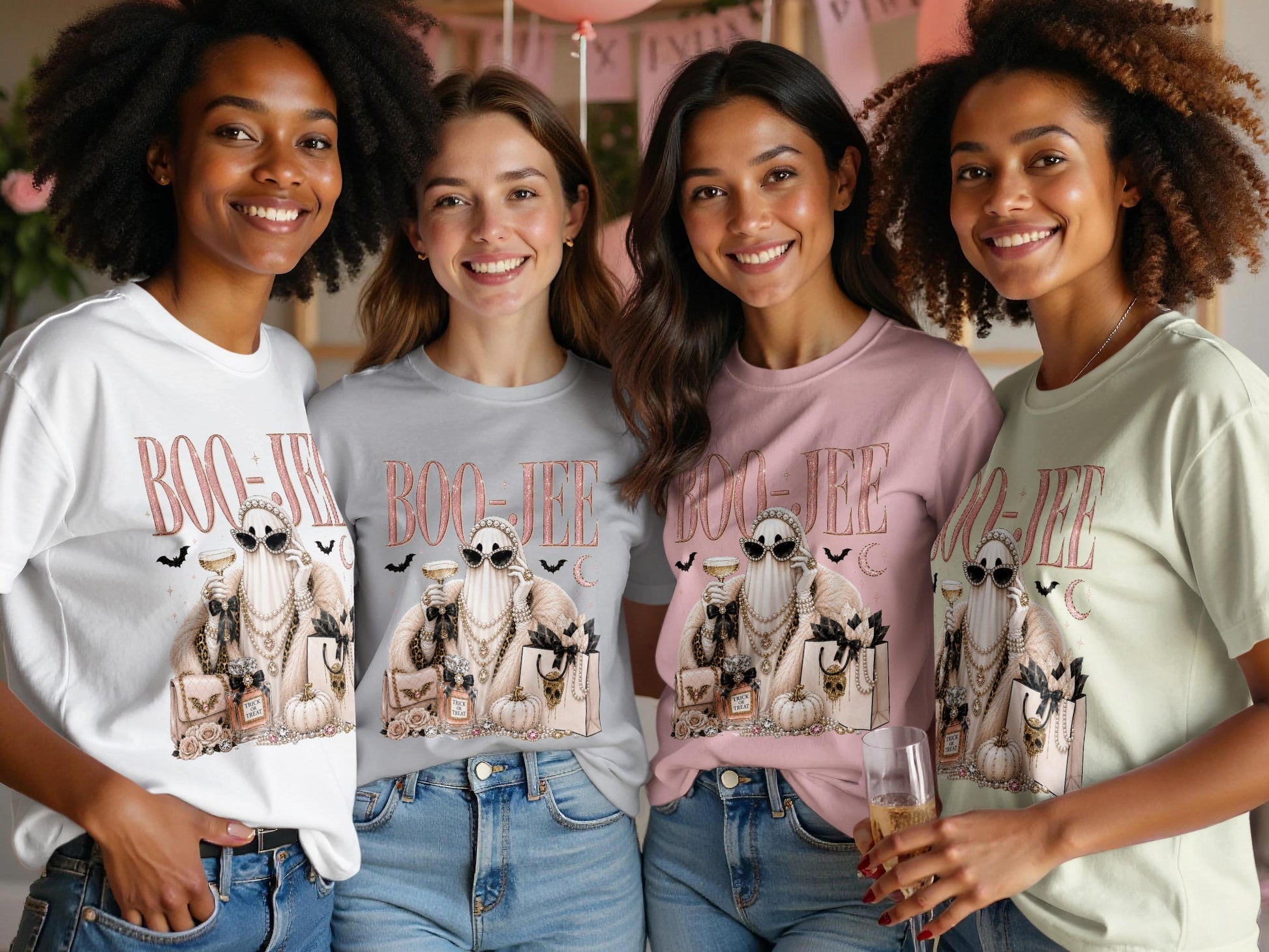 Four women wear shirts with a sparkly "Boo-Jee" graphic featuring a jeweled ghost.
