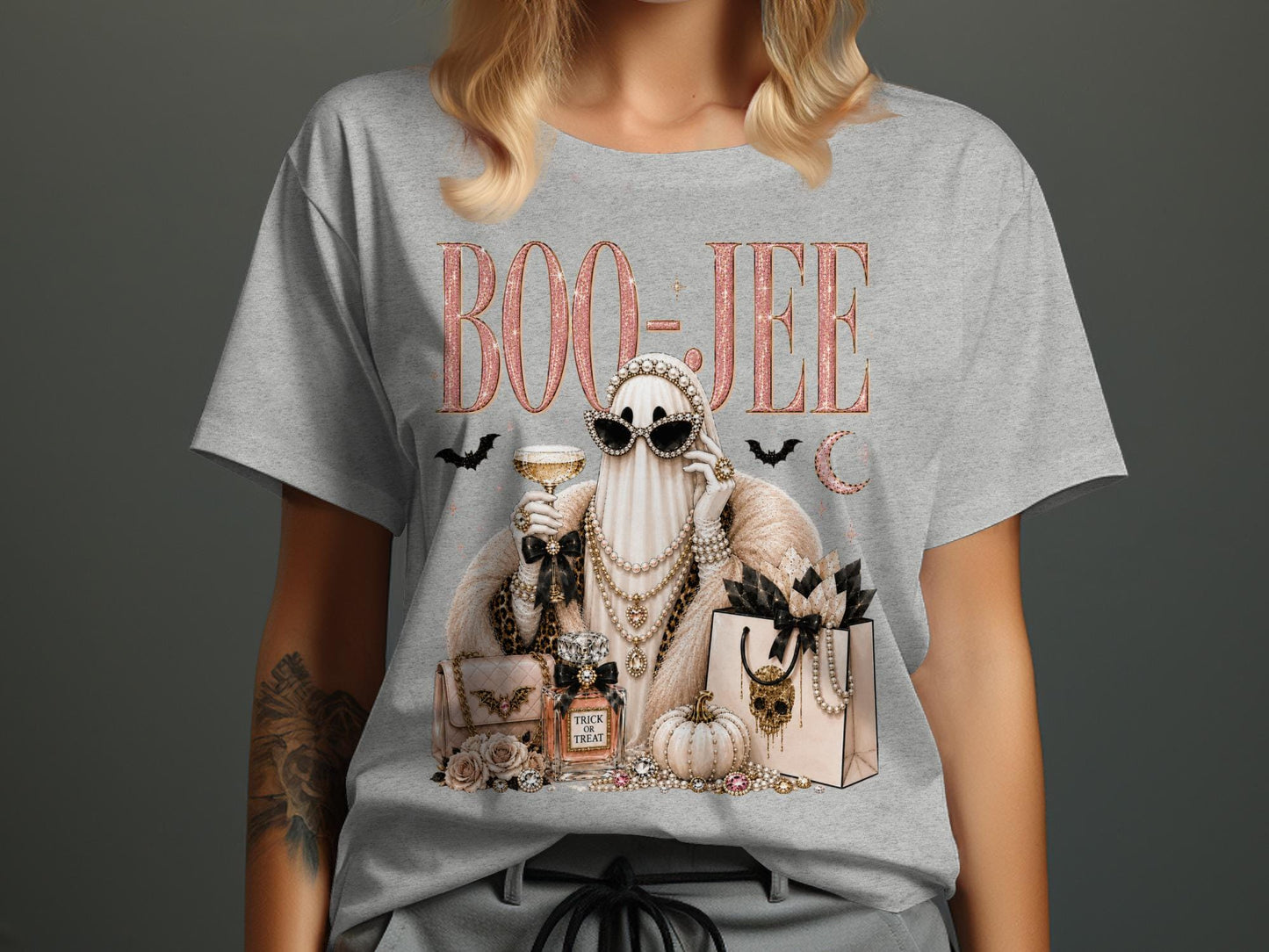 Grey t-shirt with "Boo-Jee" text and a glamorous ghost with Halloween accessories.