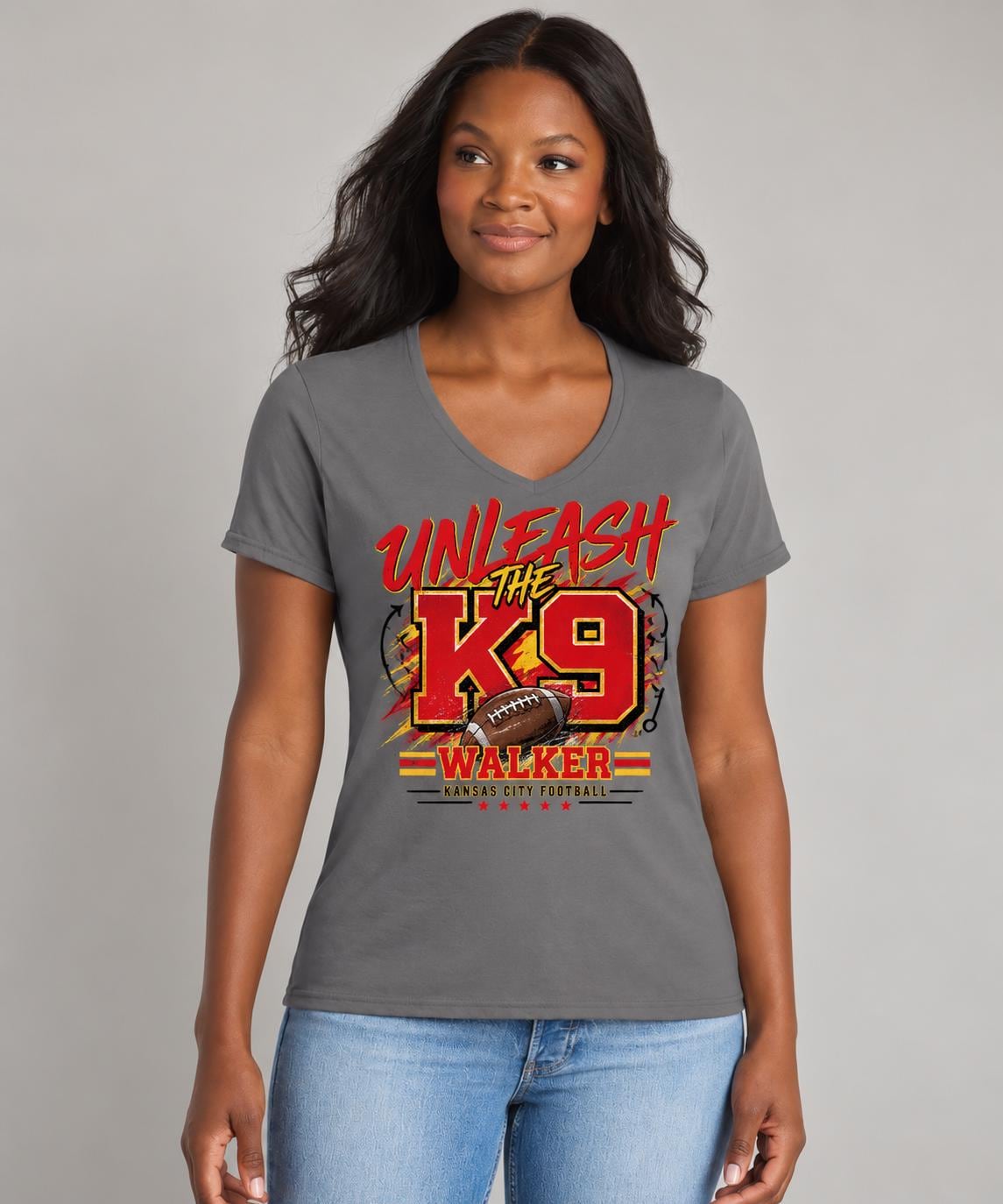 Unleash the K9 Walker KC Football V-Neck Tee, Kansas City Football Fan Shirt, Women’s Game Day TShirt