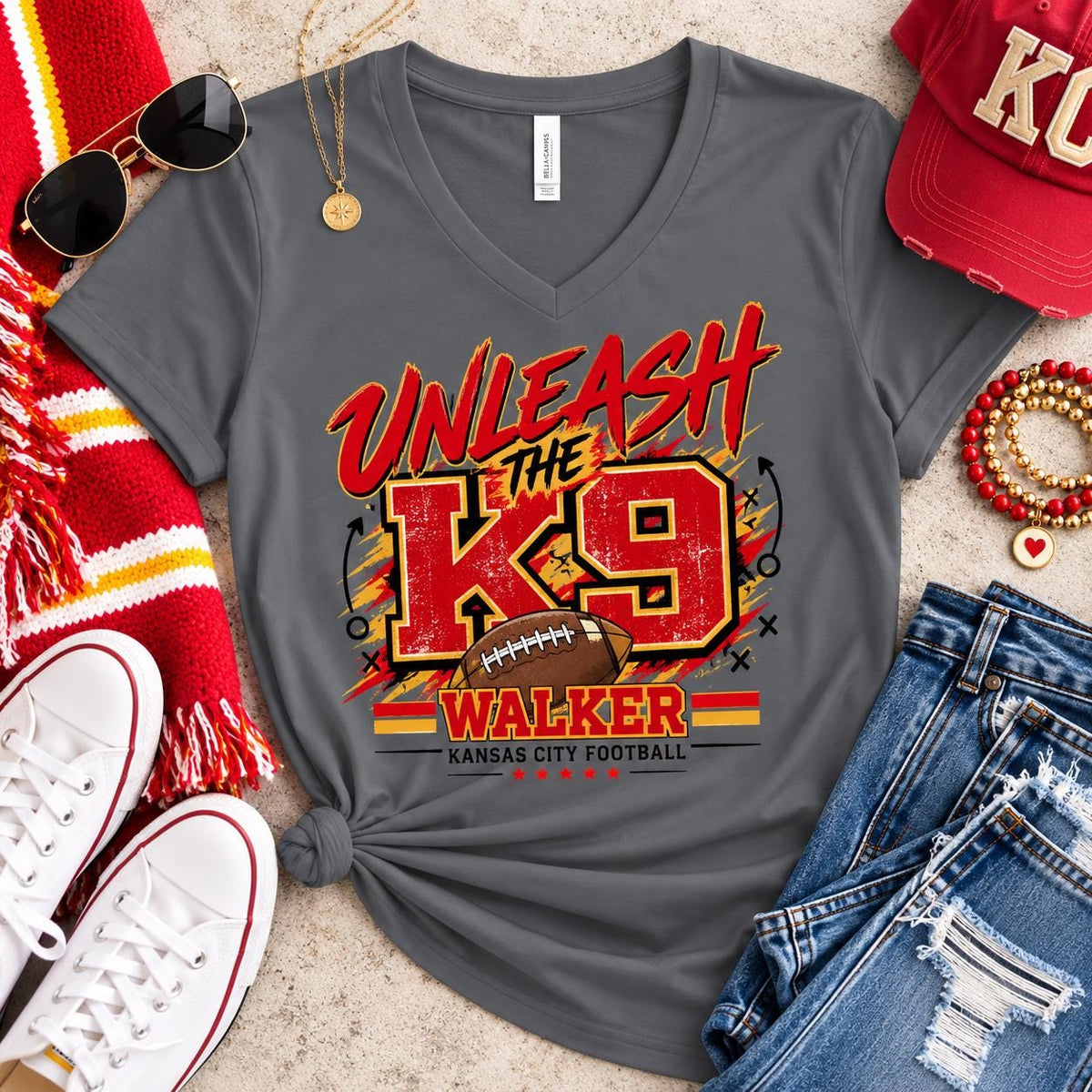Unleash the K9 Walker KC Football V-Neck Tee, Kansas City Football Fan Shirt, Women’s Game Day TShirt