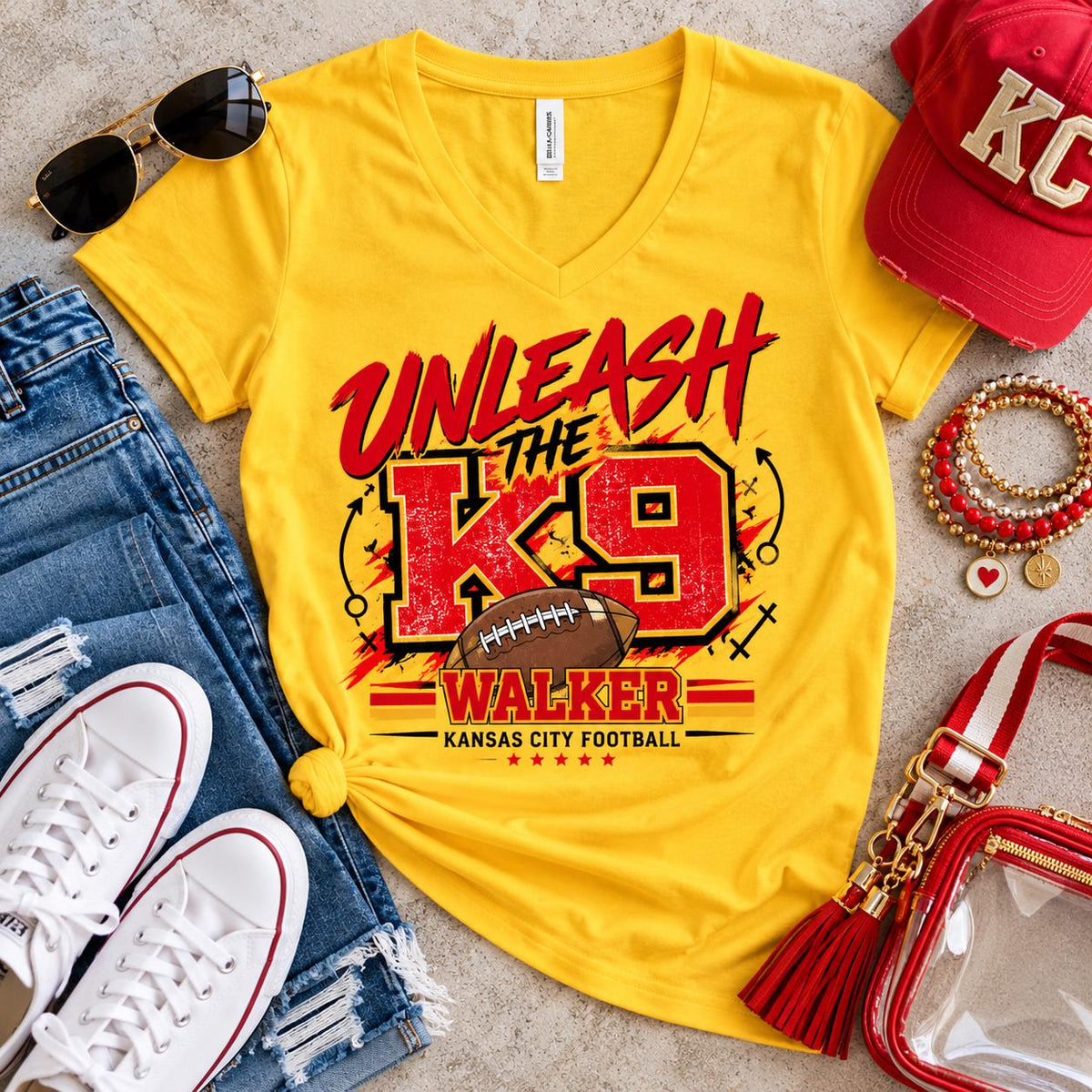 Unleash the K9 Walker KC Football V-Neck Tee, Kansas City Football Fan Shirt, Women’s Game Day TShirt