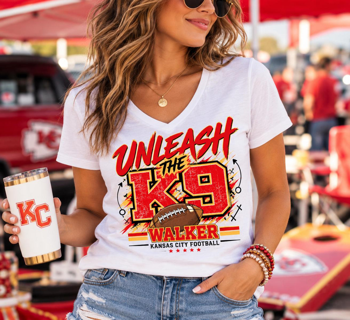 Unleash the K9 Walker KC Football V-Neck Tee, Kansas City Football Fan Shirt, Women’s Game Day TShirt
