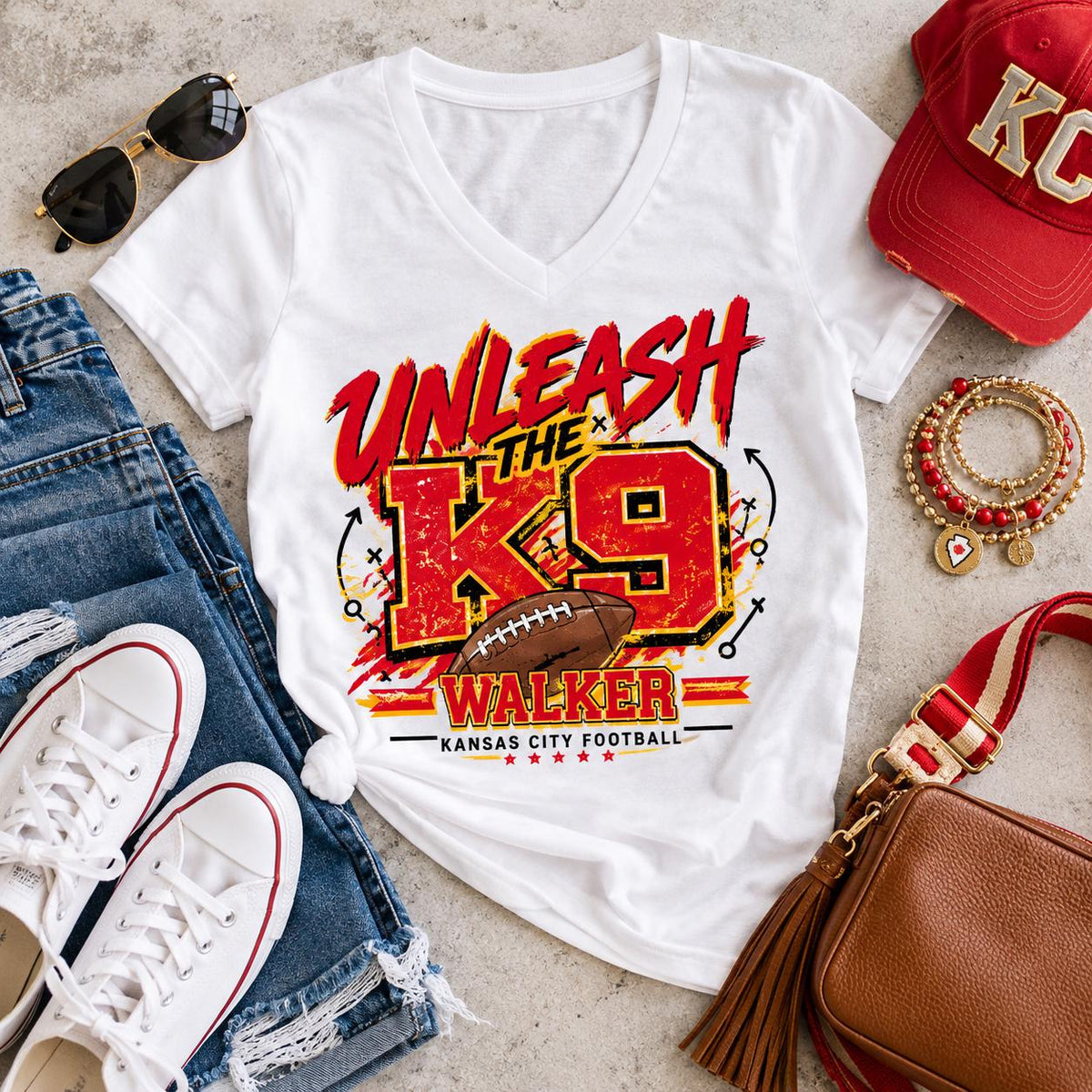 Unleash the K9 Walker KC Football V-Neck Tee, Kansas City Football Fan Shirt, Women’s Game Day TShirt