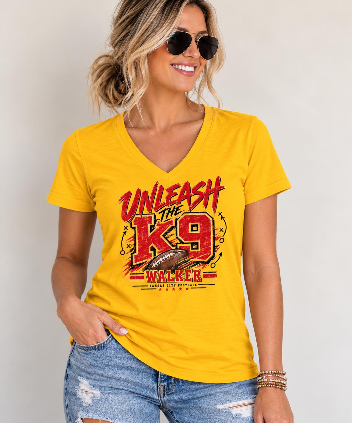 Unleash the K9 Walker KC Football V-Neck Tee, Kansas City Football Fan Shirt, Women’s Game Day TShirt