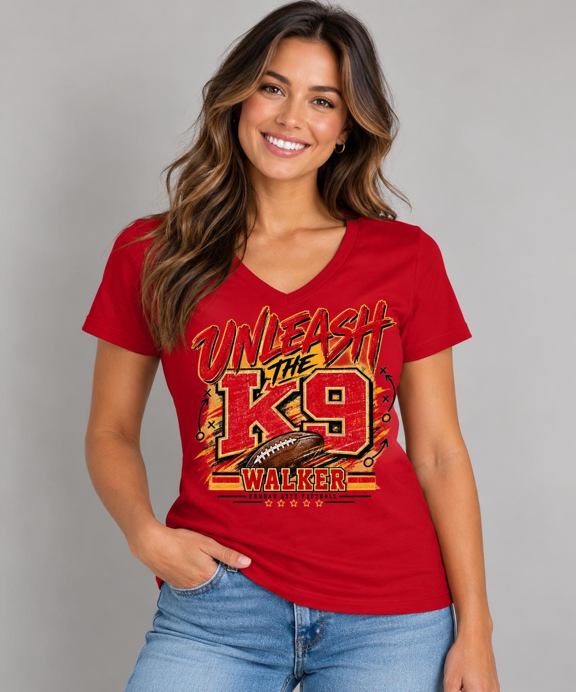 Unleash the K9 Walker KC Football V-Neck Tee, Kansas City Football Fan Shirt, Women’s Game Day TShirt