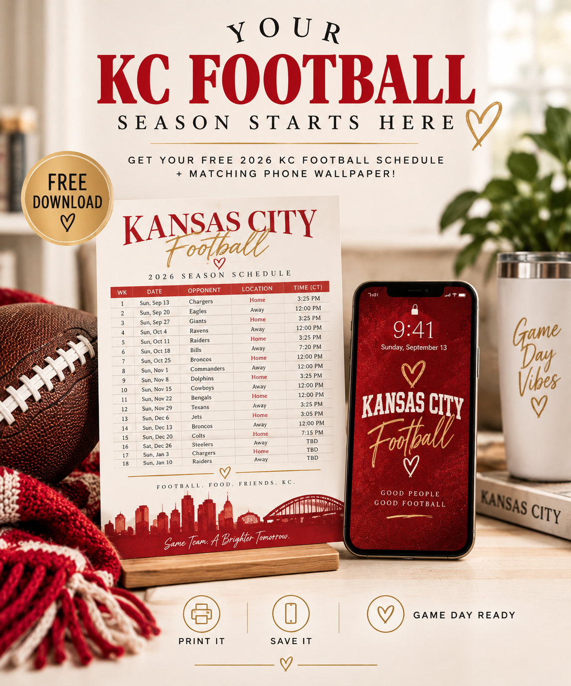Free 2026 Kansas City football season schedule and matching phone wallpaper