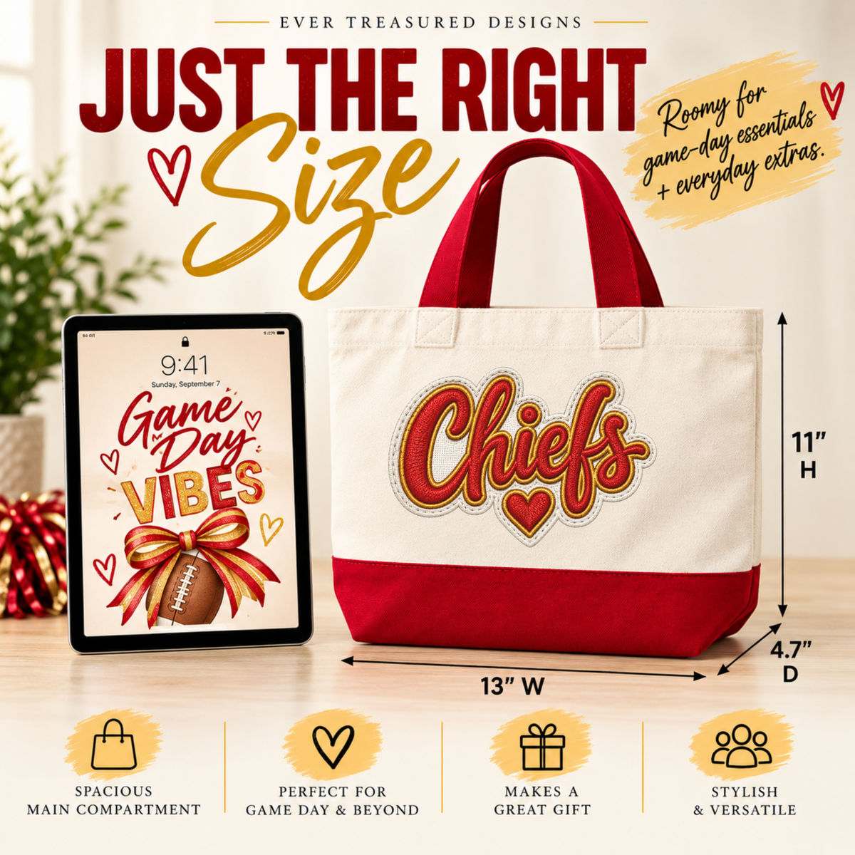 KC Gameday Tote dimensions 13 by 11 by 4.7 inches