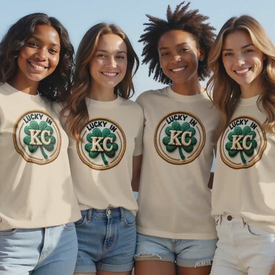 Lucky in KC Shirt | Kansas City St Patrick’s Day Tee | Faux Patch Shamrock Graphic | Green March 17 Parade Outfit for Game Day