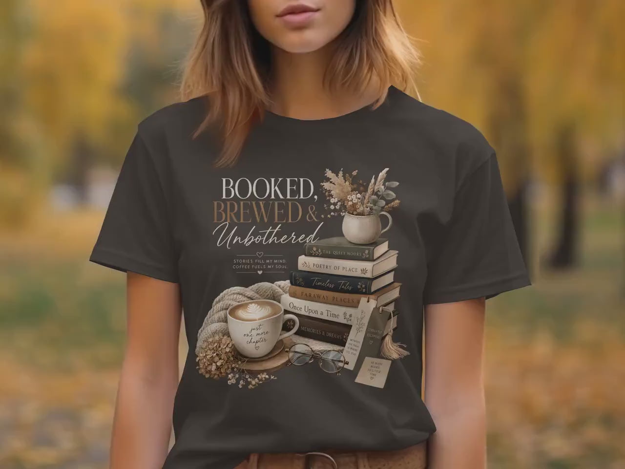 Booked Brewed & Unbothered T-Shirt, Book Lover Coffee Aesthetic Tee, Cozy Reading Gift for Bookworm, Literary Gifts for Her