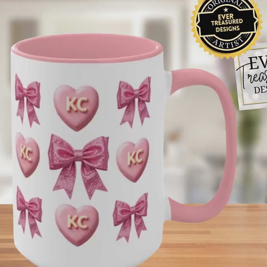 Kansas City Valentine Mug, KC Vibes Bow & Candy Heart Coffee Cup, Pink Era Accent 15oz Ceramic Mug, Cozy Galentine Idea, Coffee Lover Gift