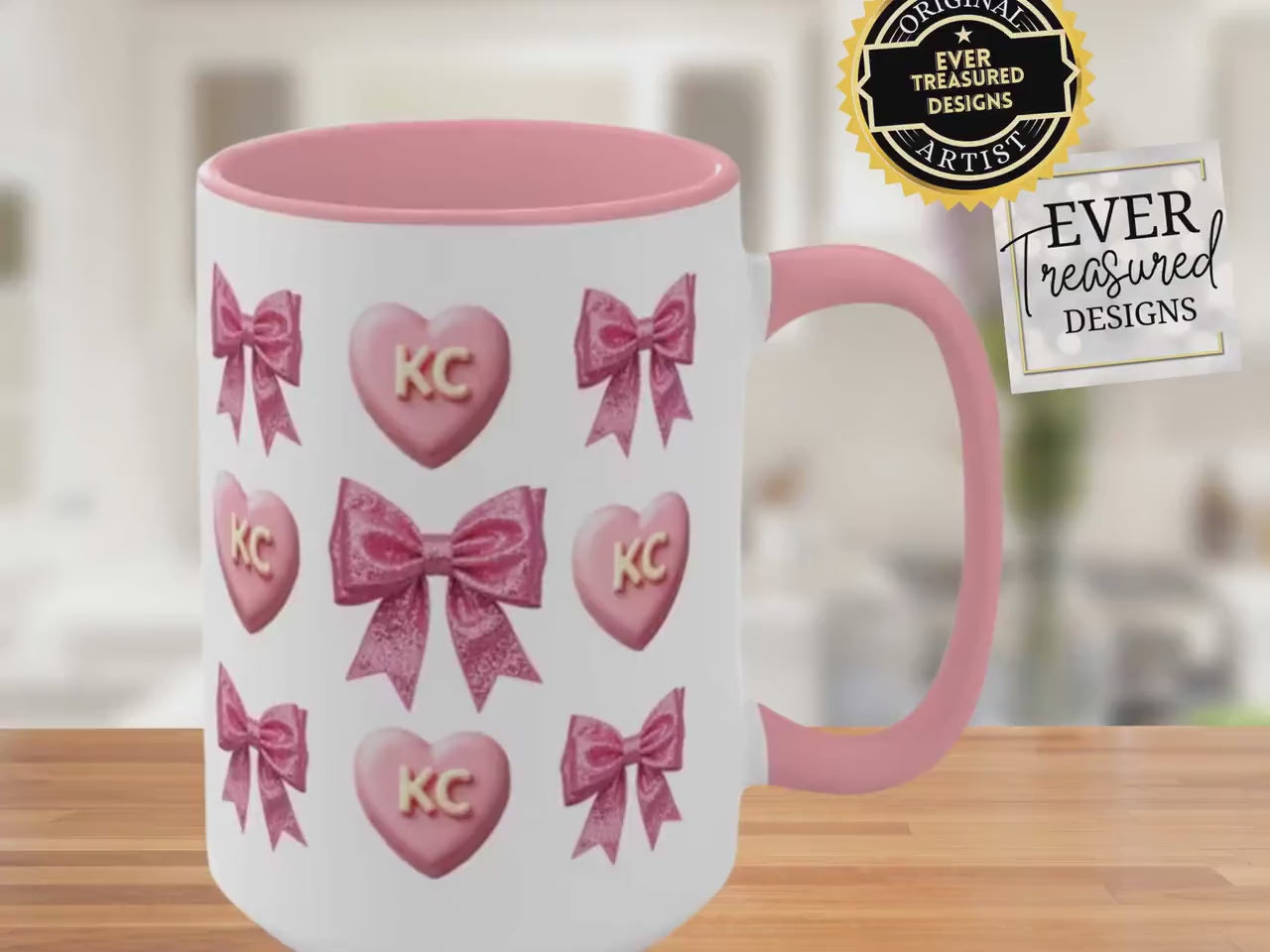 Kansas City Valentine Mug, KC Vibes Bow & Candy Heart Coffee Cup, Pink Era Accent 15oz Ceramic Mug, Cozy Galentine Idea, Coffee Lover Gift