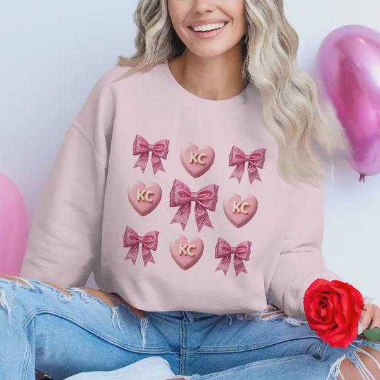 Kansas City Valentine Sweatshirt, Cozy KC Love Crewneck, Comfy Glitter Pink Bow & KC Candy Heart Design Trendy Galentine Gift for Her