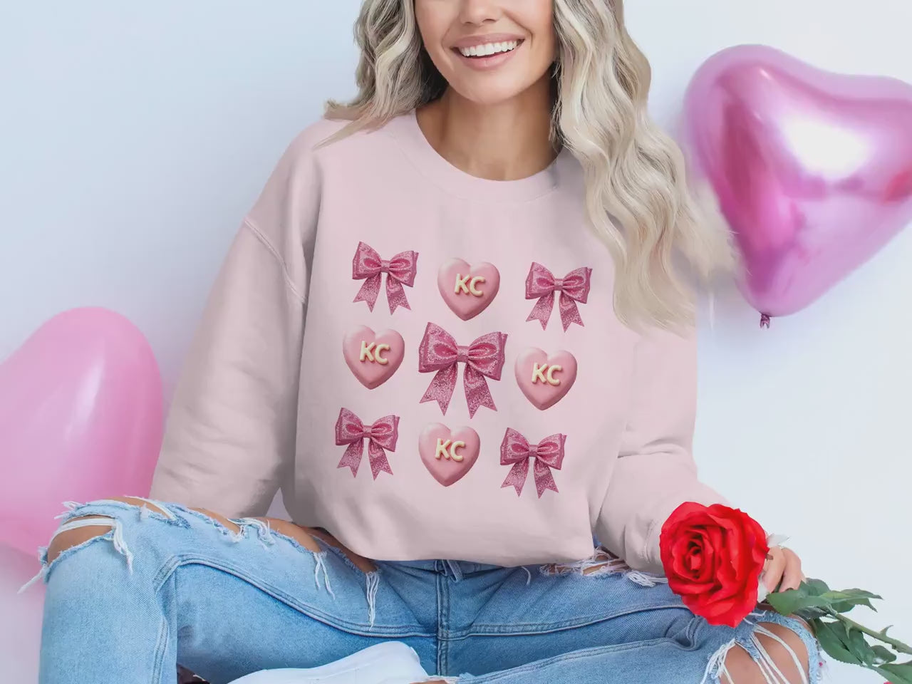 Kansas City Valentine Sweatshirt, Cozy KC Love Crewneck, Comfy Glitter Pink Bow & KC Candy Heart Design Trendy Galentine Gift for Her