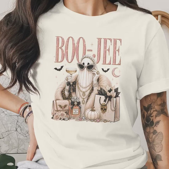 Boujee Halloween Ghost T-Shirt, Glam Spooky Season Tee, Luxury Fashion Pearl Ghost, Glitter Boo-Jee Halloween Party Shirt
