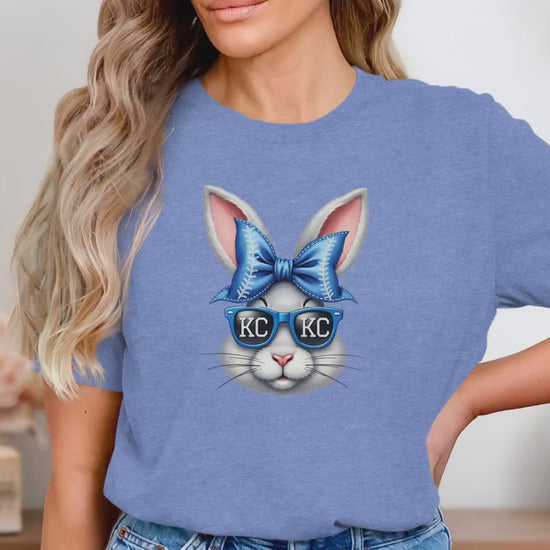 Kansas City Baseball Shirt, KC Game Day Bunny Tee, Cute Opening Day Fan Gear, Trendy Blue Bow Sunglasses Outfit, Spring Stadium Look