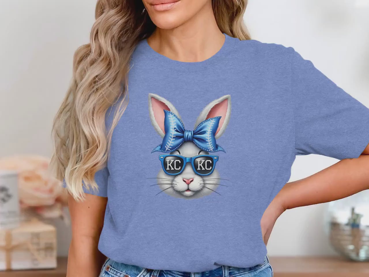 Kansas City Baseball Shirt, KC Game Day Bunny Tee, Cute Opening Day Fan Gear, Trendy Blue Bow Sunglasses Outfit, Spring Stadium Look